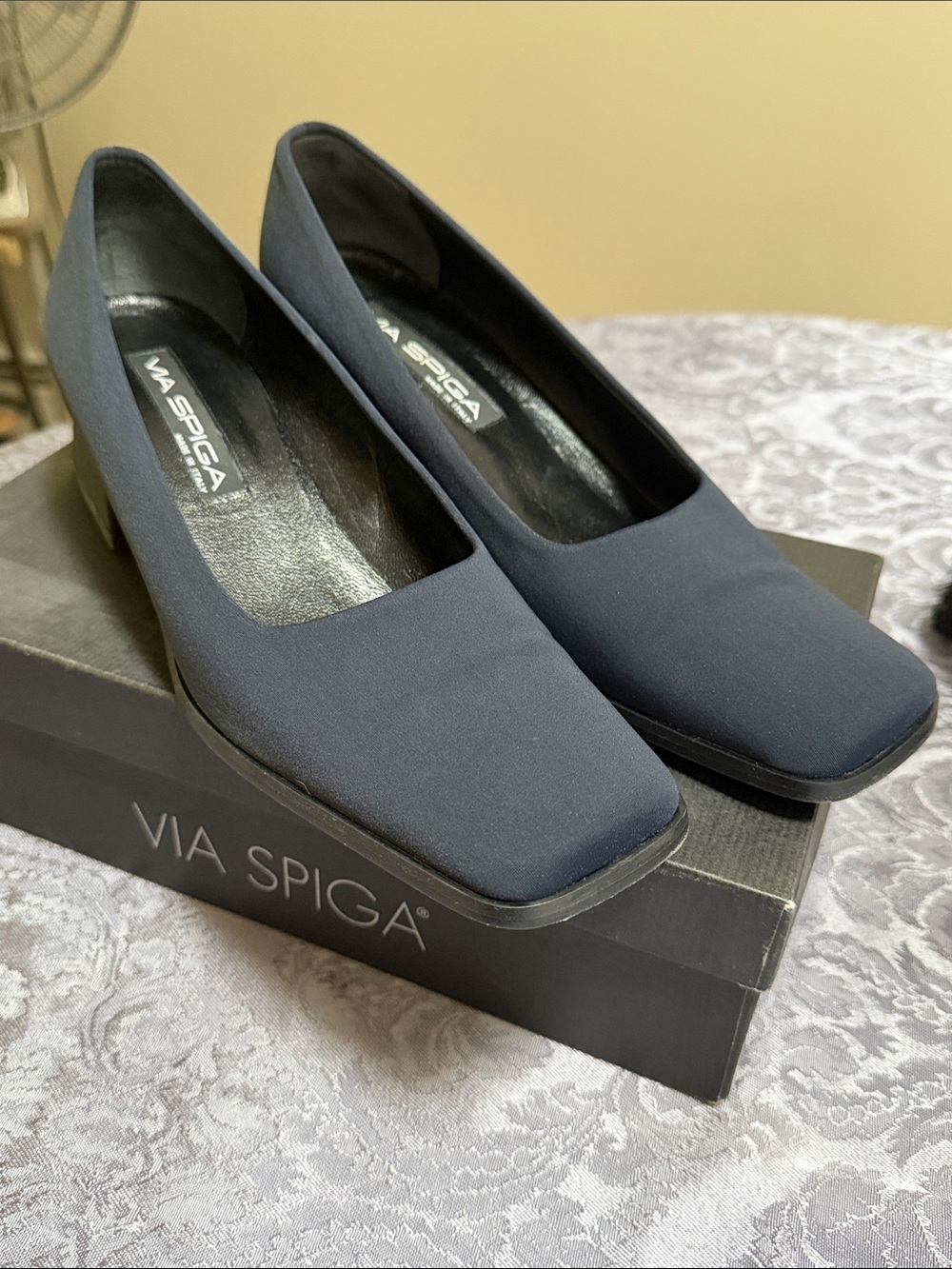 Via Spiga Navy Square-Toe Block Heel Pumps